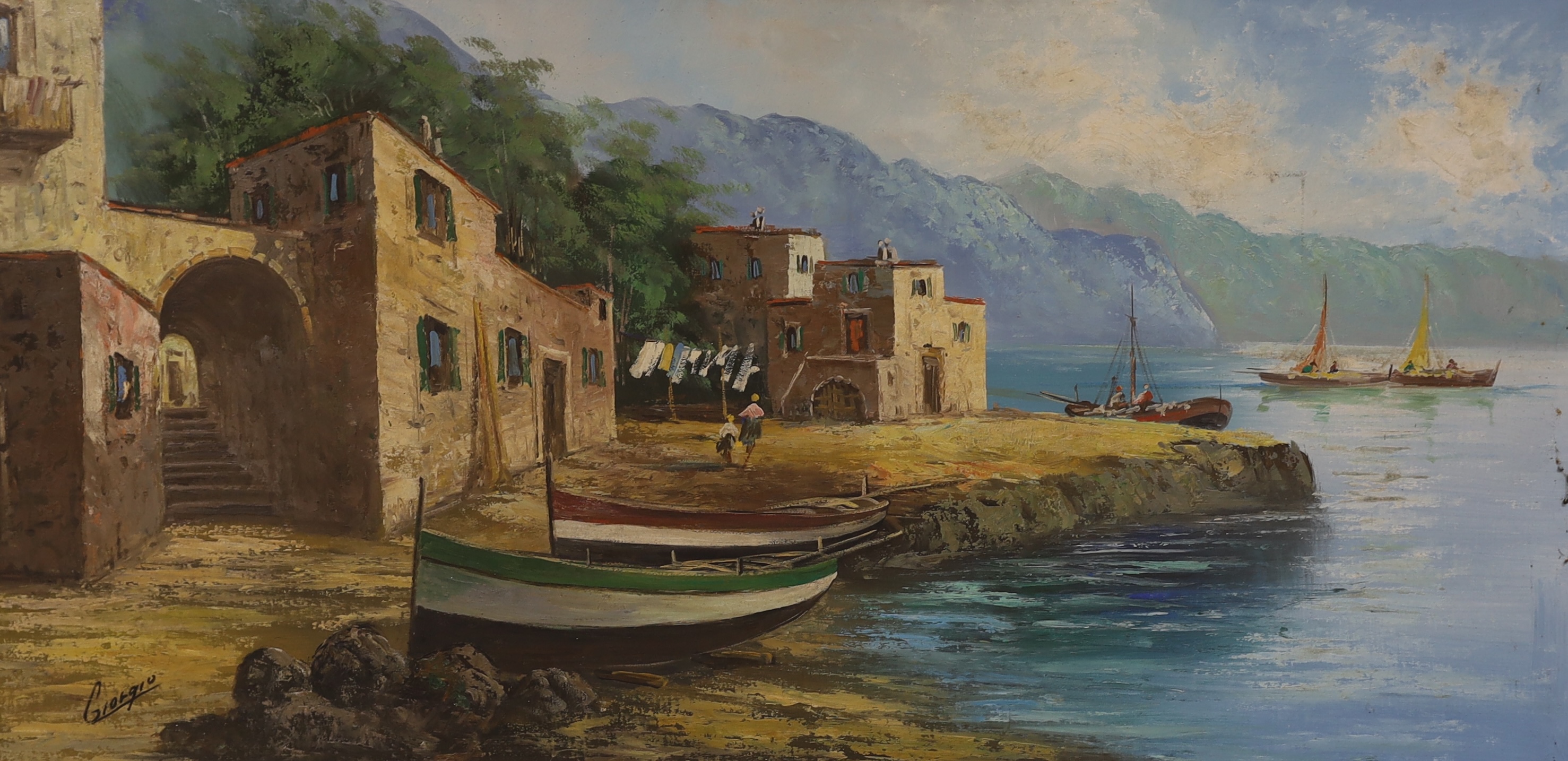 Giorgio, oil on canvas, Italian coastal landscape, signed, 59 x 120cm